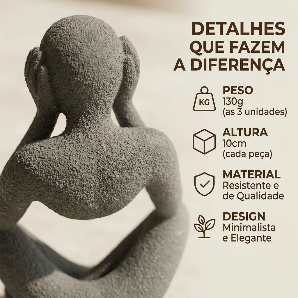 Figura decorativa dos três macacos sábios com detalhes, peso e altura